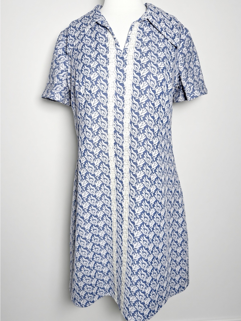 Vintage 60s Handmade Blue White Floral Shift Dress L Retro Knee Length